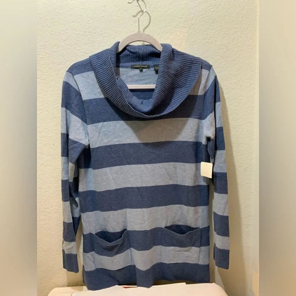 Jeanne Pierre stripe blue Cowl Neck Sweater with front pockets S